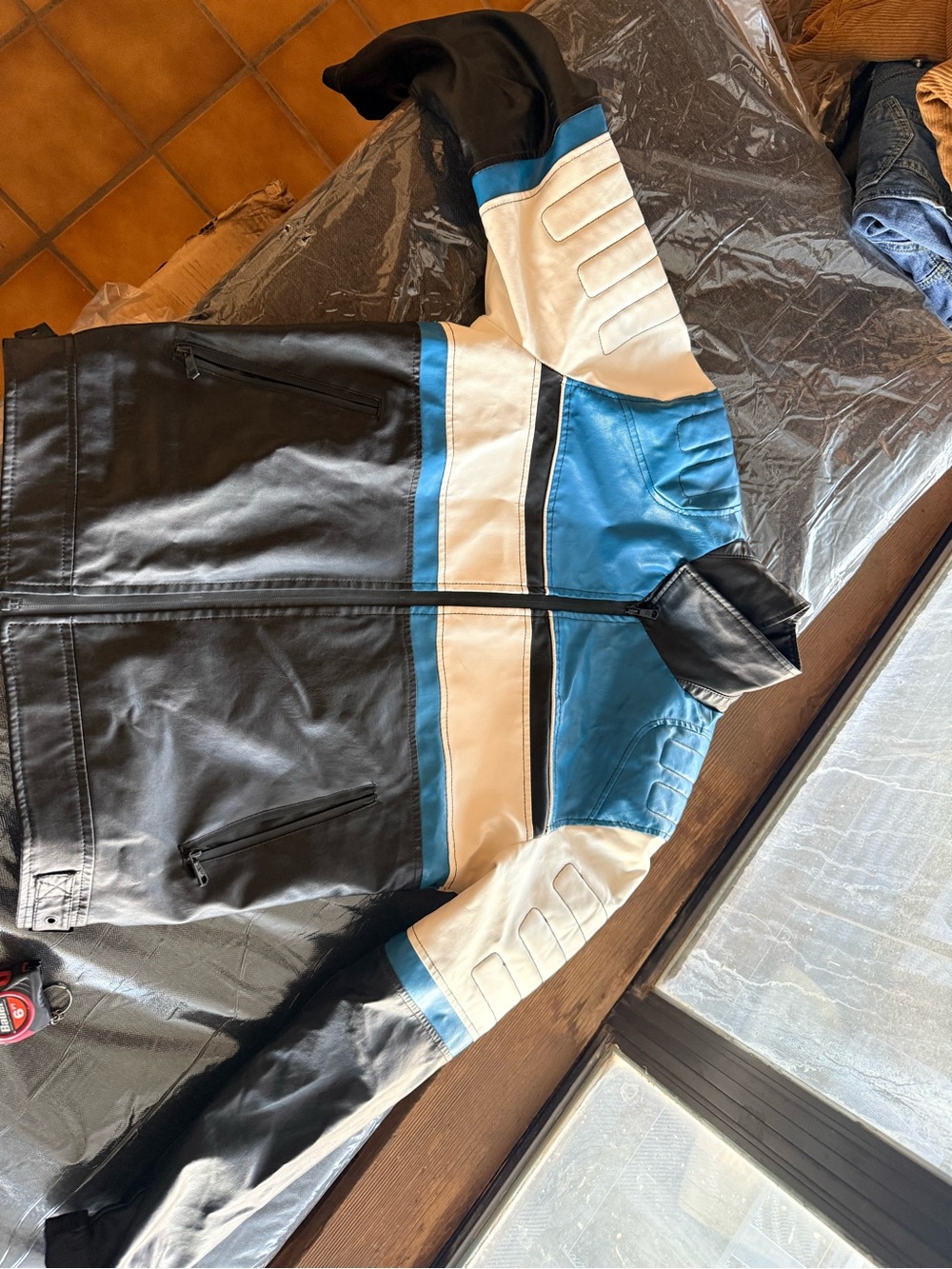 Men's Black, Blue & White Performance Leather Jacket